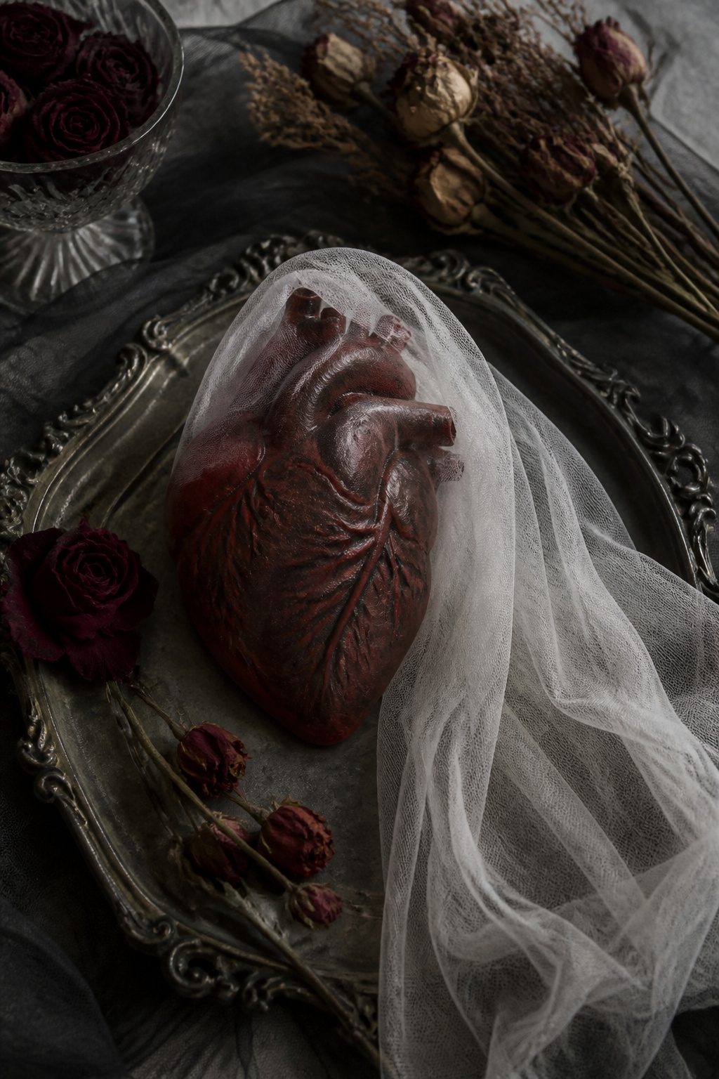 A dot work tattoo featuring a ghost in an open heart.