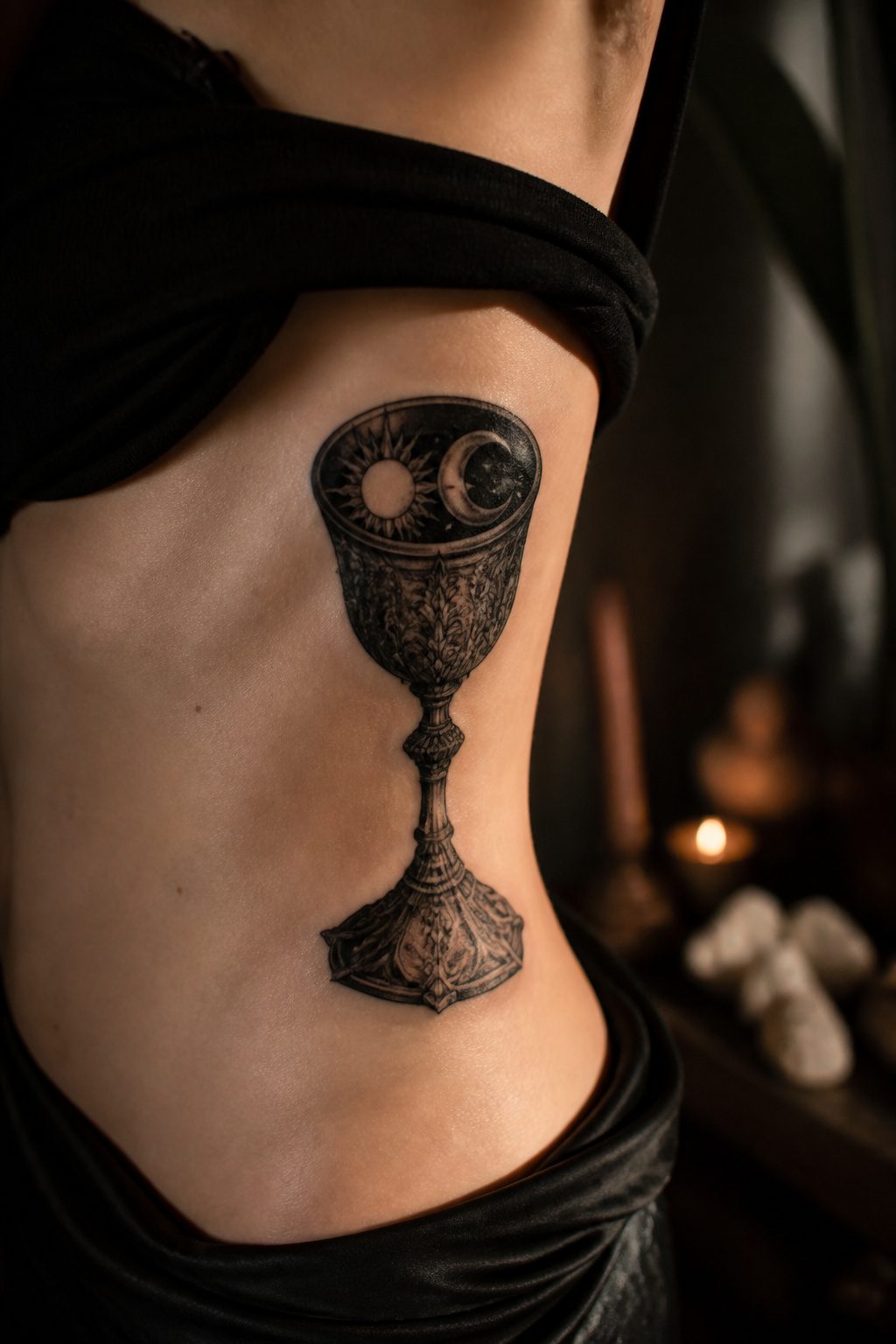 A goblet tattoo containing sun and moon symbols.