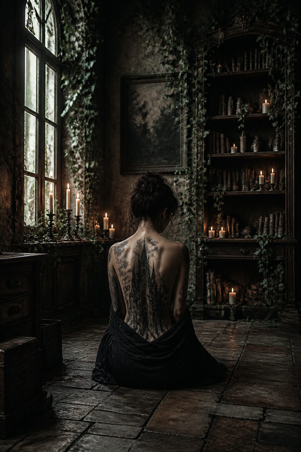 A tattoo of a haunted church with eerie elements.