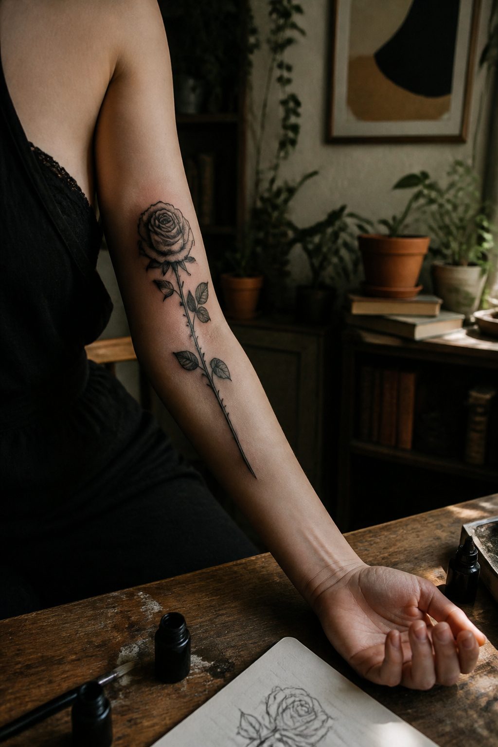 A black rose tattoo running vertically on a model's inner arm.