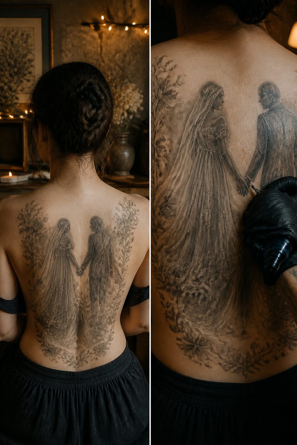 A tattoo of two ghostly figures in wedding attire.