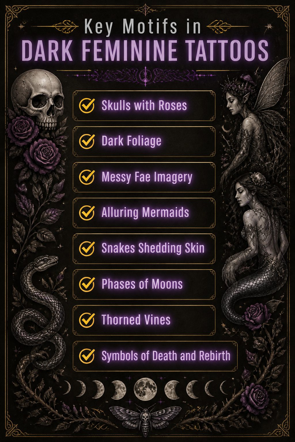 An information graphic on key motifs in dark feminine tattoos.