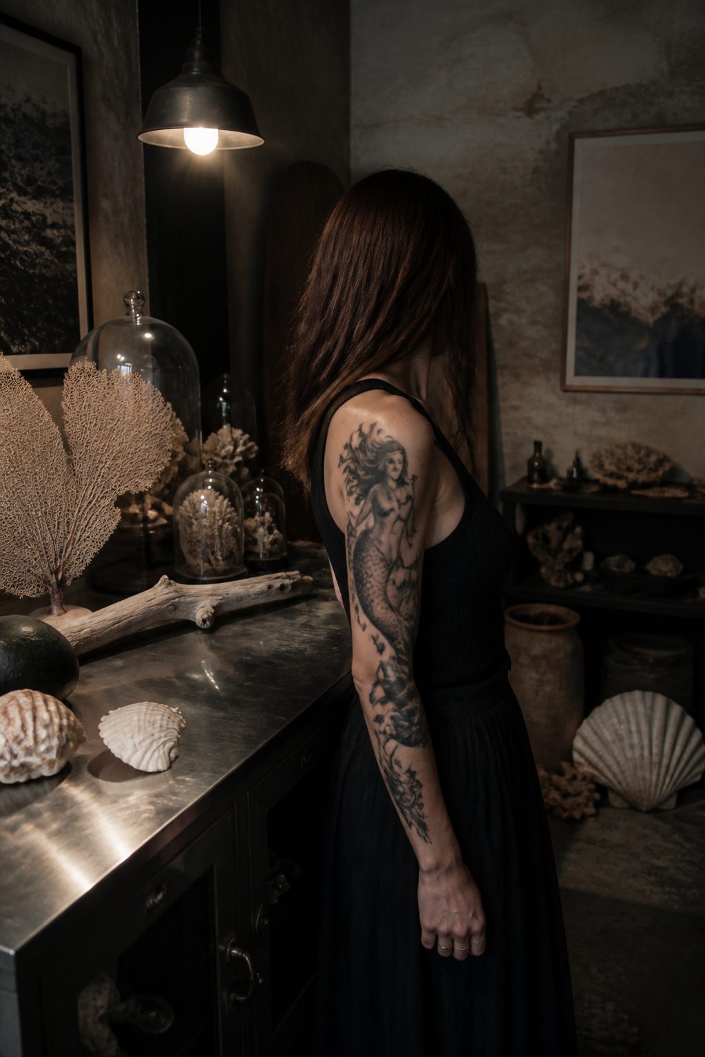 A dark mermaid tattoo featuring heavy shading and pale eyes.