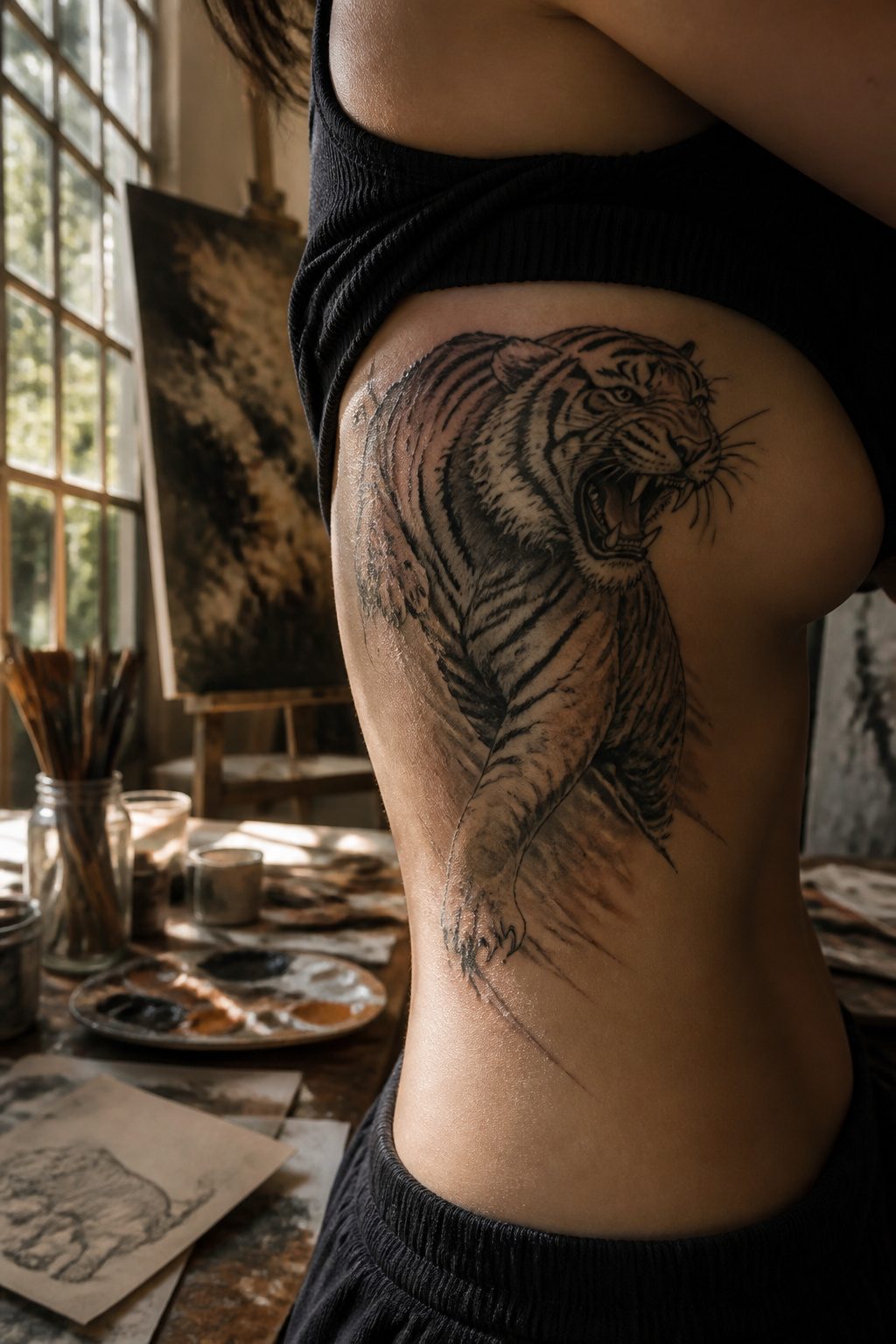 A tattoo of a tiger mid-roar on a model's body.