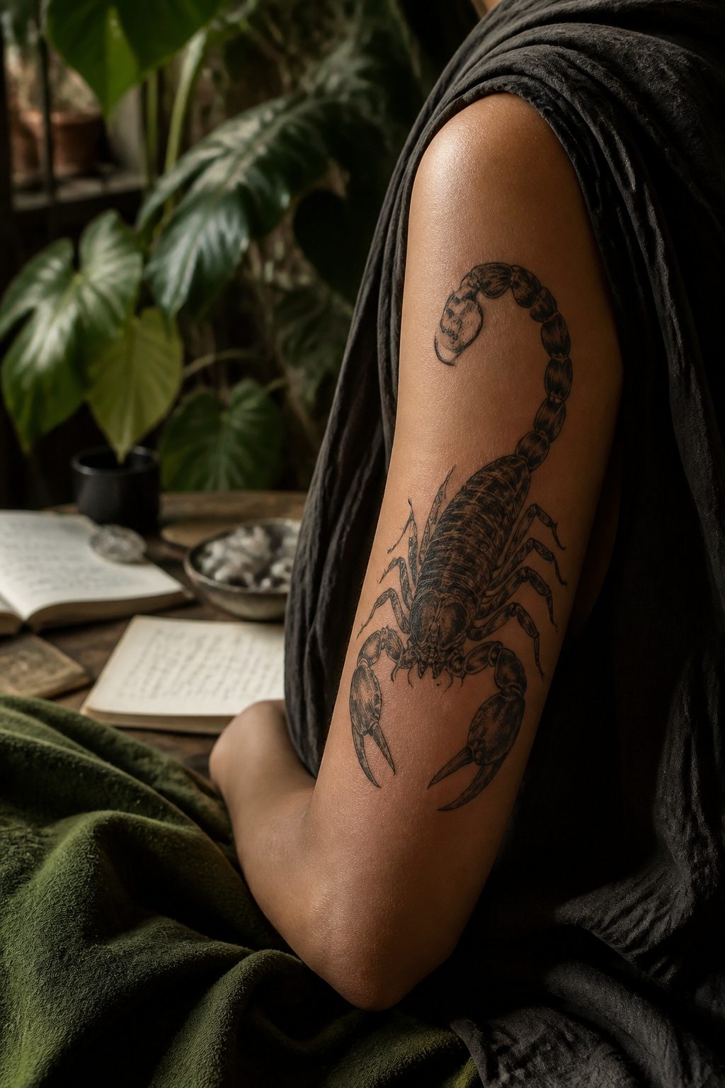 A tattoo of a scorpion representing the zodiac sign.