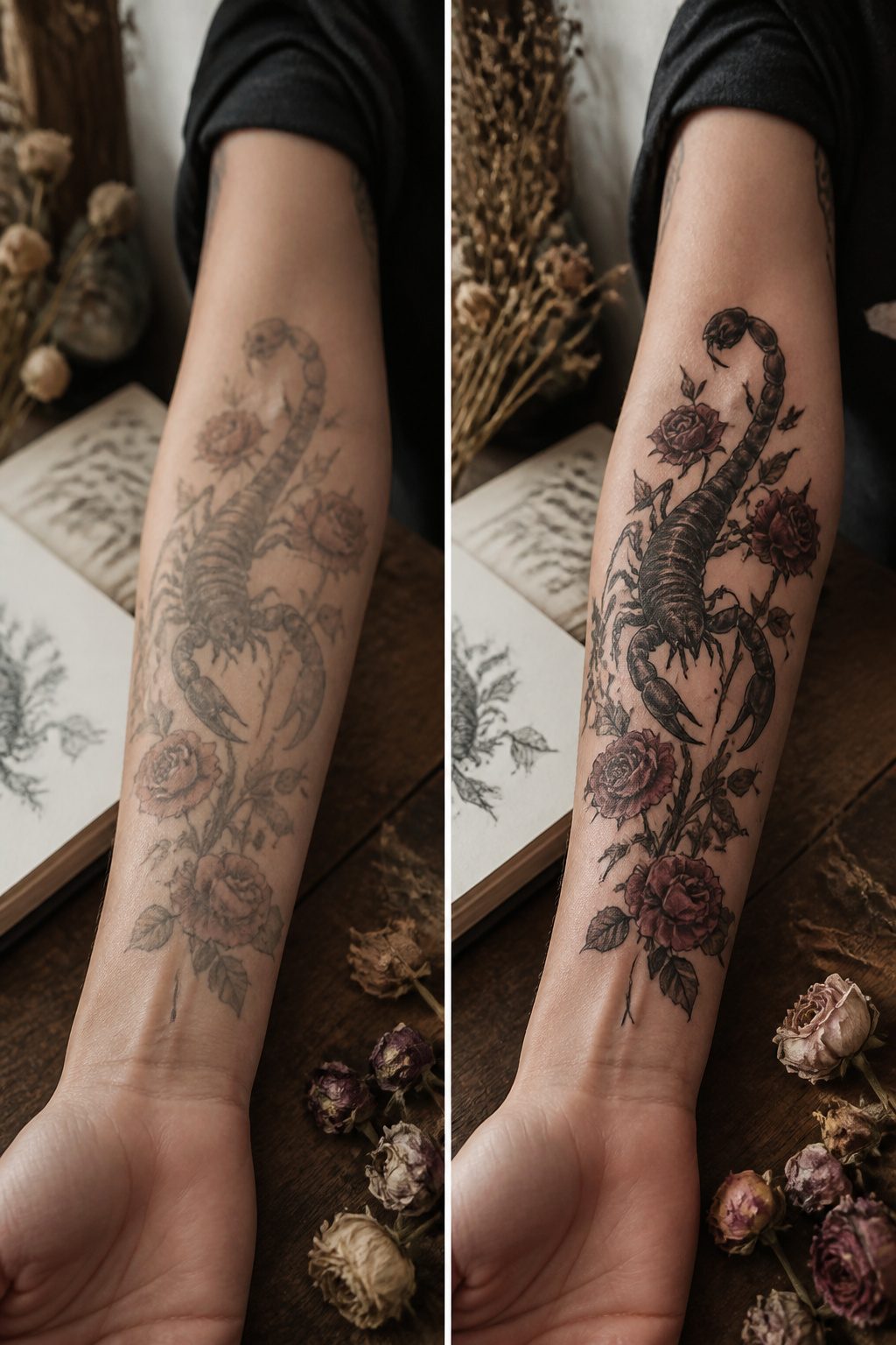 A scorpion intertwined with roses in a tattoo design.