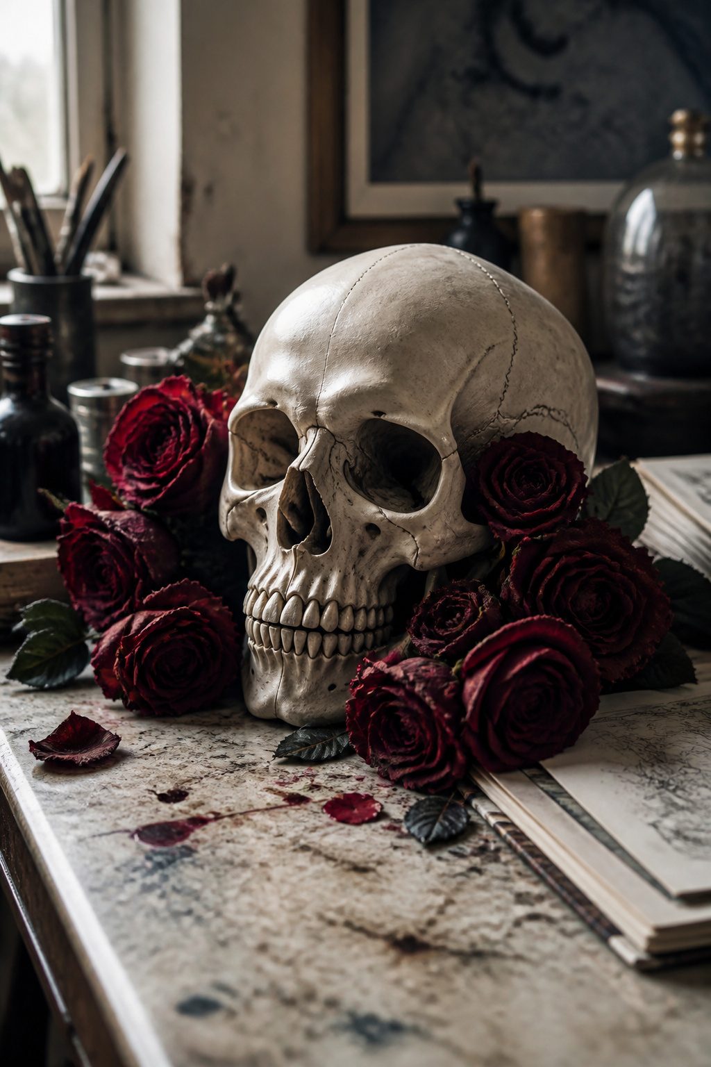 A skull surrounded by roses on a dark background.