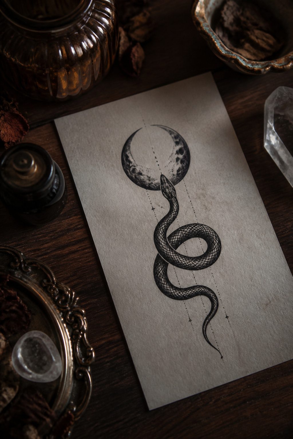 A tattoo featuring a snake coiled around a crescent moon.