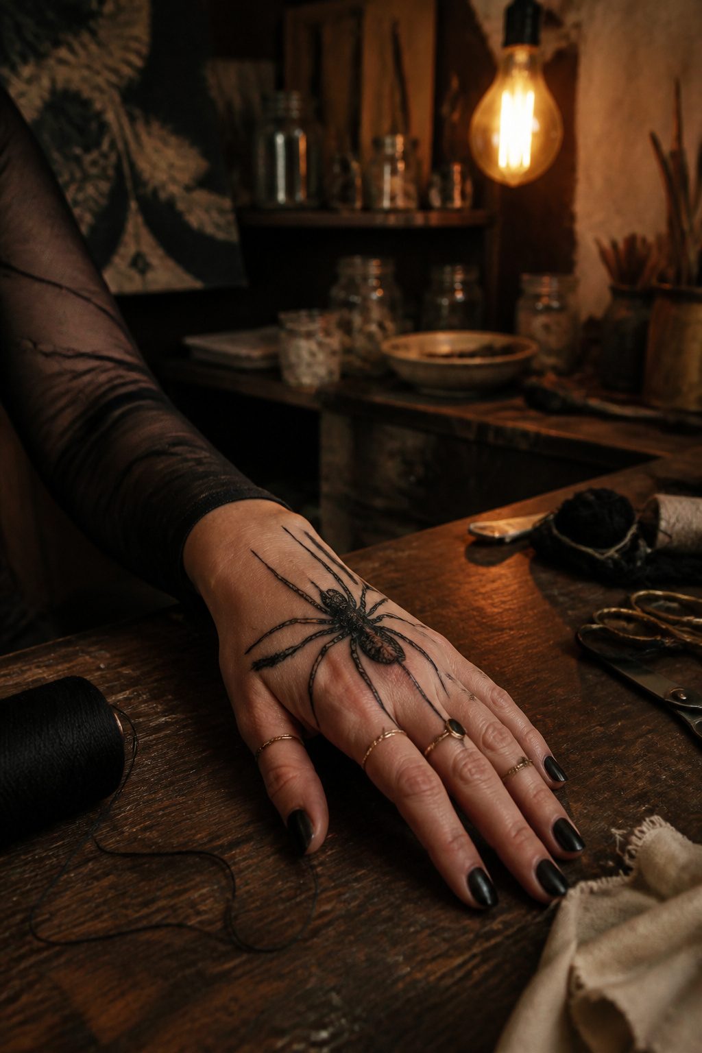 A detailed spider tattoo crawling on a model's hand.