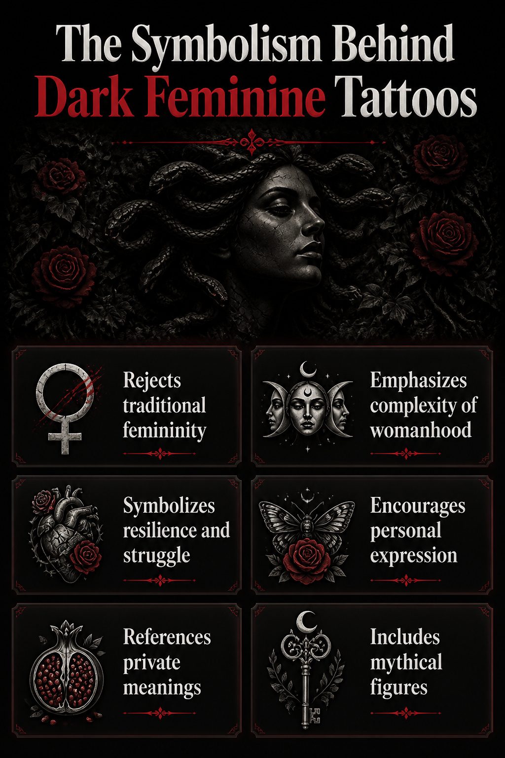 An information graphic on dark feminine tattoo symbolism.