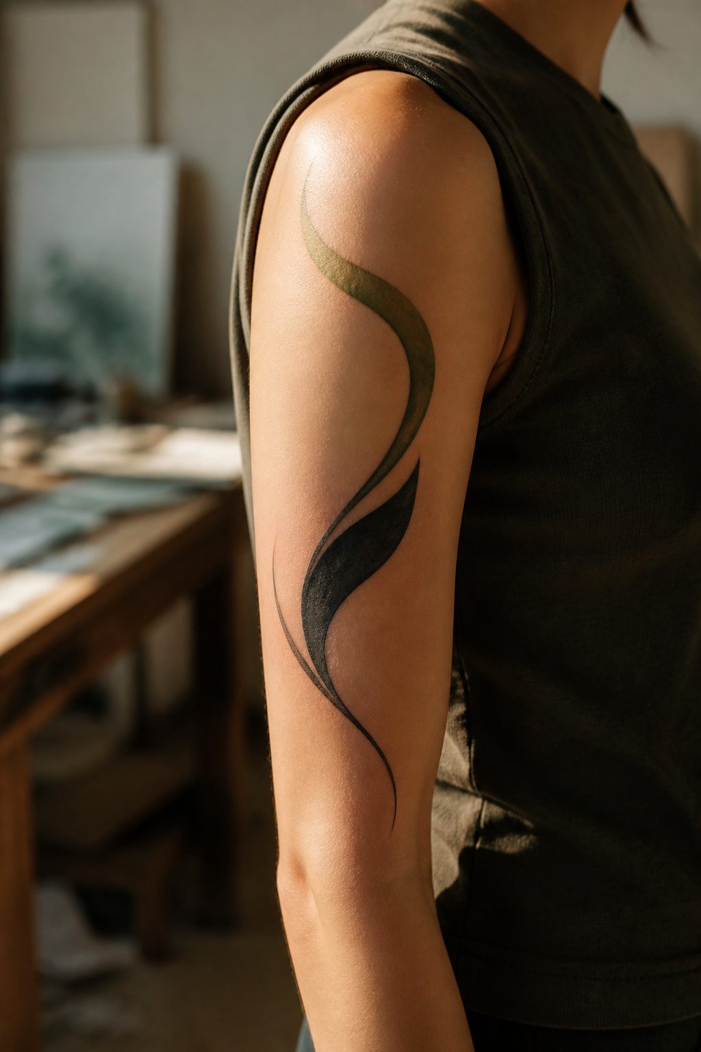 A tattoo featuring abstract shapes with a green-black gradient.
