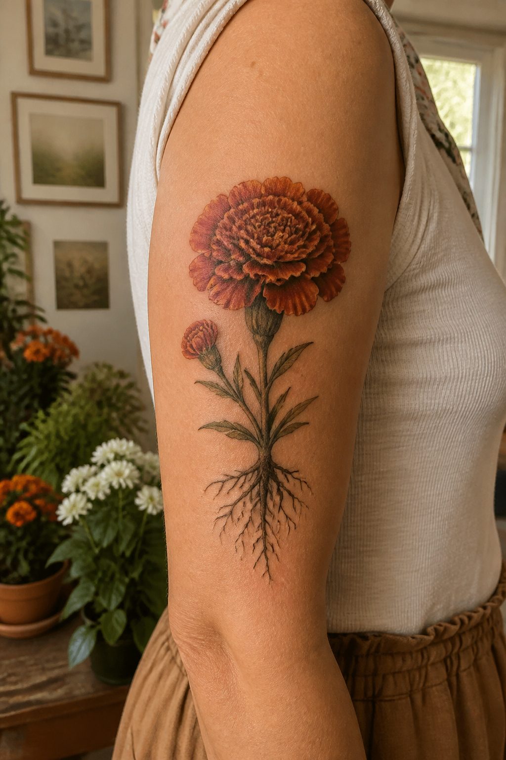 A tattoo of a birth month flower, showcasing its unique coloration.