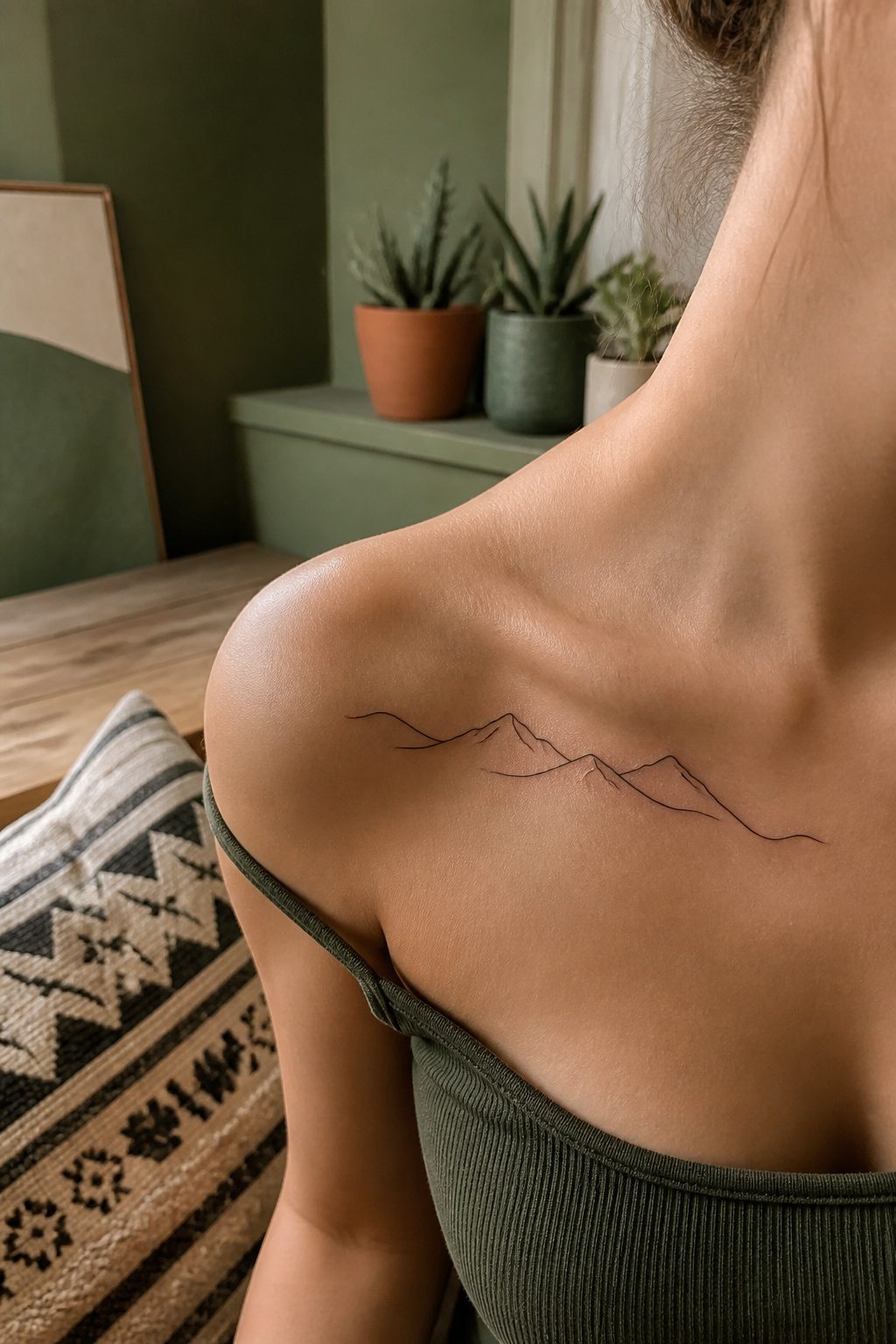A single line tattoo forming the outline of mountains on the collarbone.