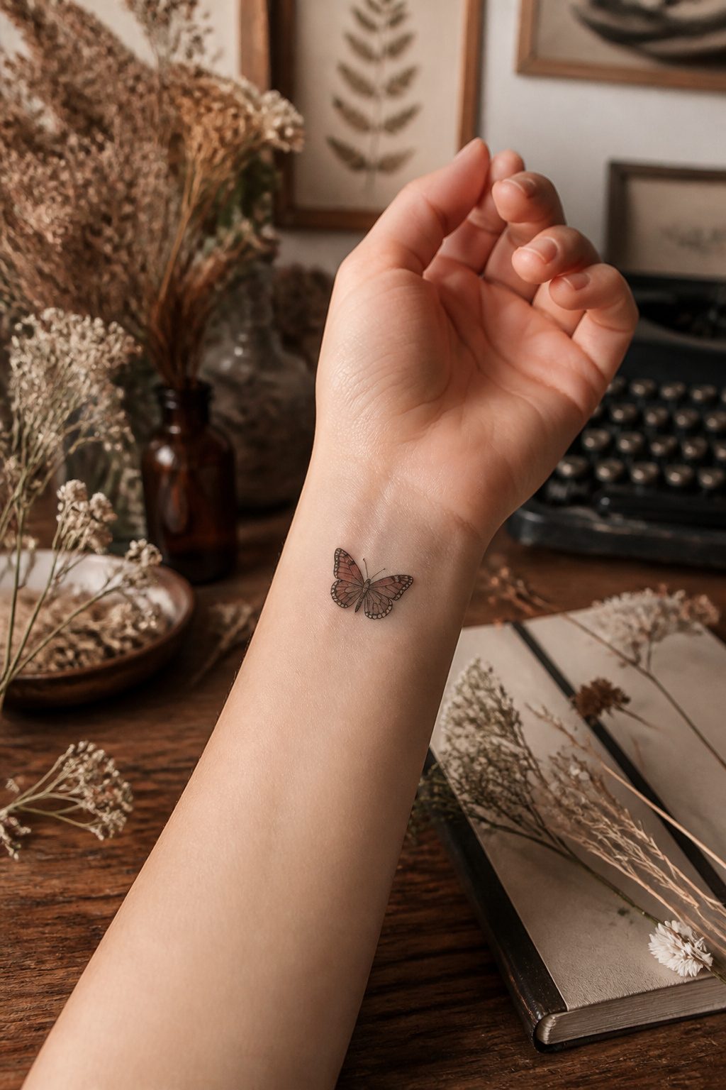 A small butterfly tattoo with bark-brown wings on the skin.
