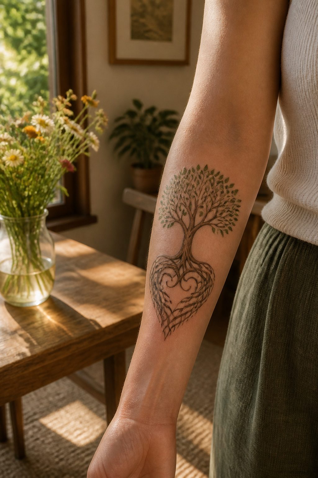 A tree of life tattoo with roots shaped like a heart.
