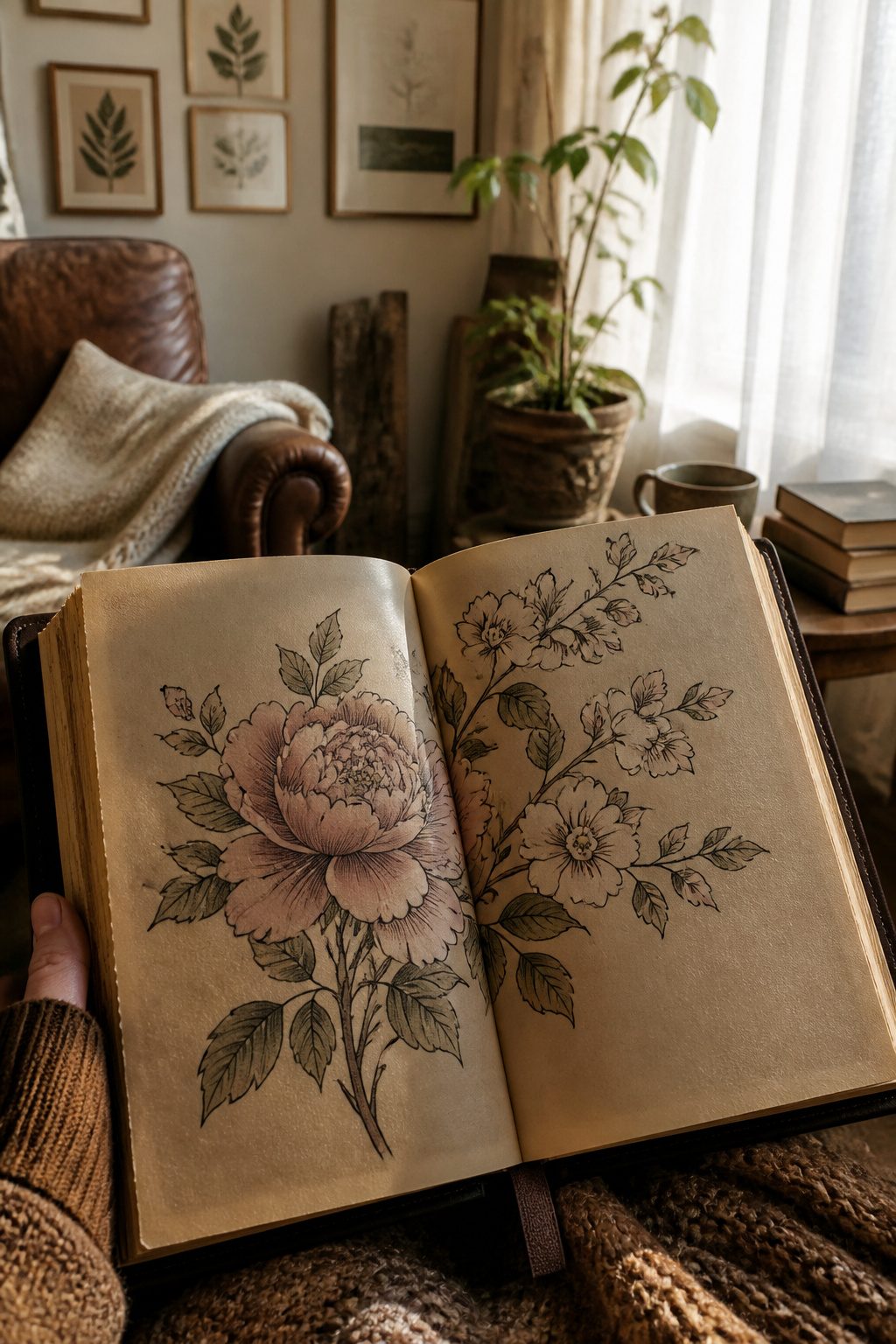 An open book tattoo with peony and dogwood flowers emerging from its pages.