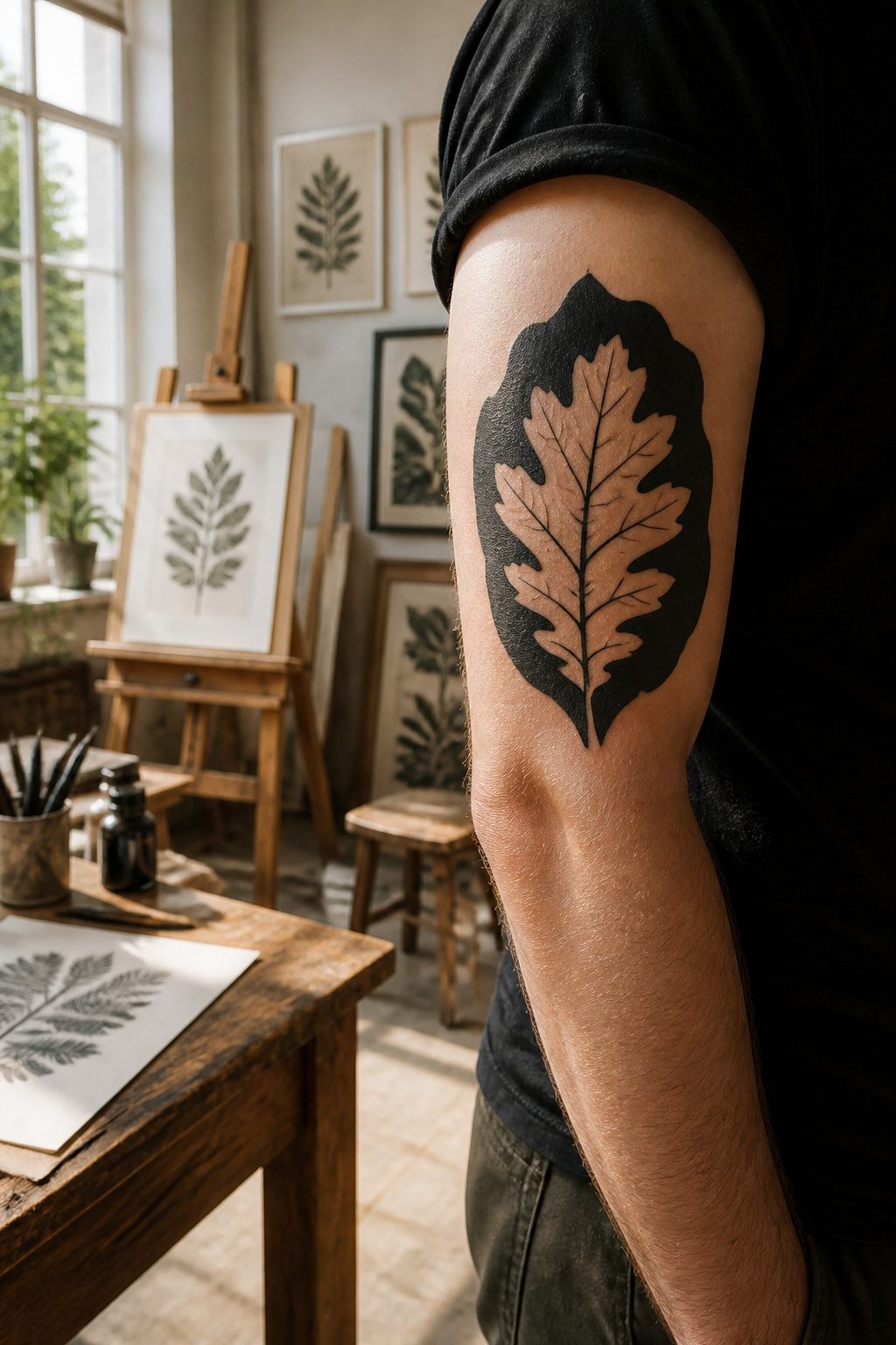 An oak leaf tattoo in bold silhouette on a black background.
