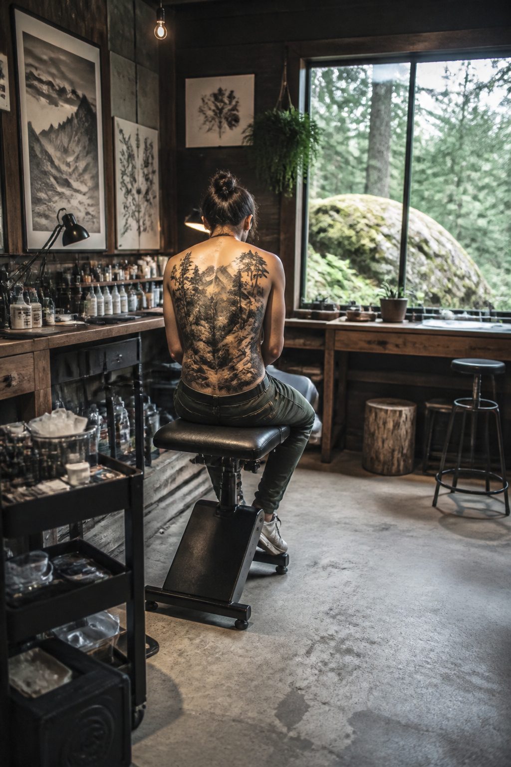 A tattoo depicting a nature scene with trees and mountains.
