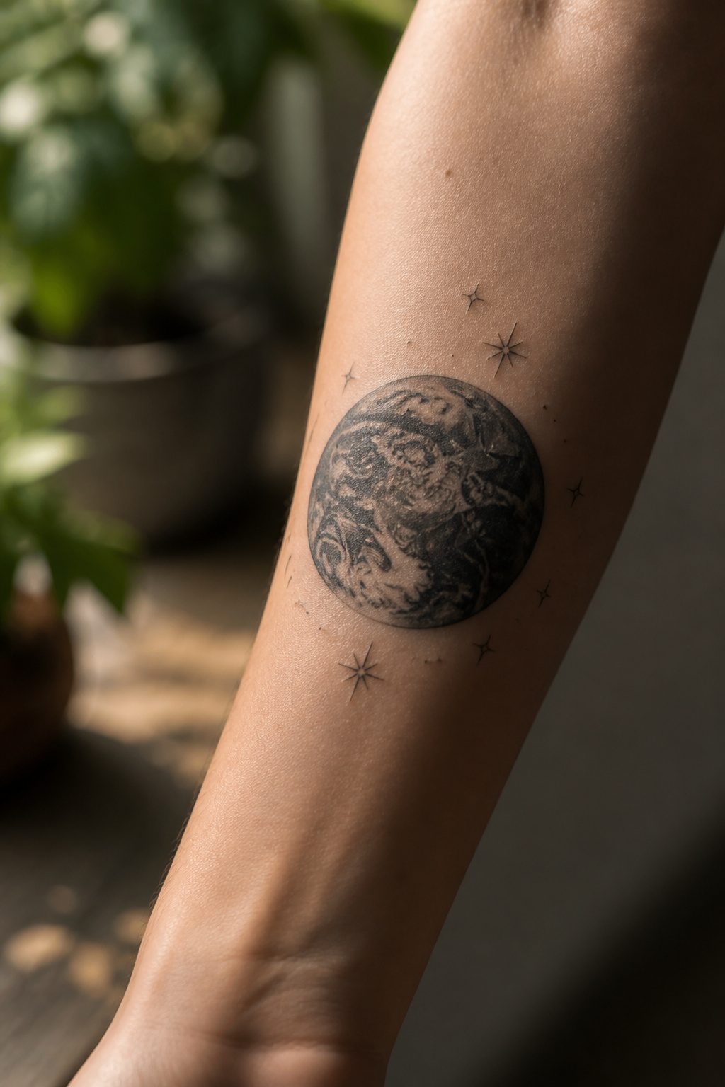 A monochrome tattoo of a sphere representing Earth with stars around it.