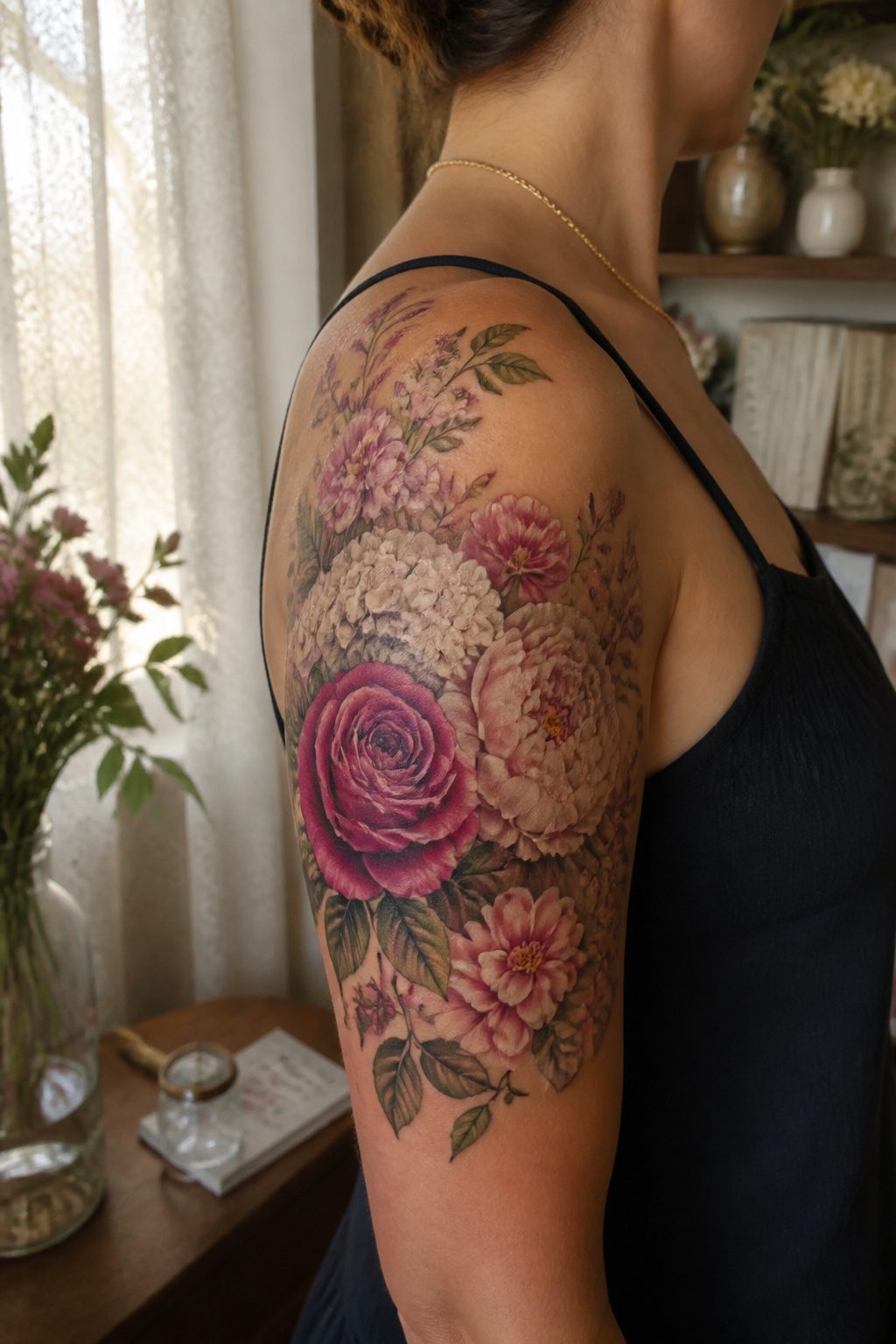 A tattoo of a bouquet featuring a magenta rose and pale peonies.