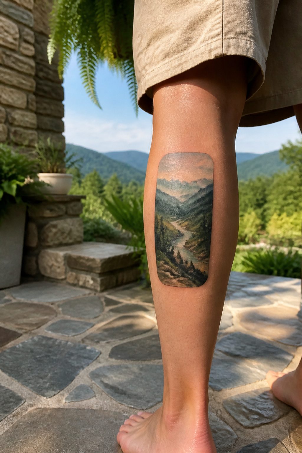 A rectangular tattoo depicting a mountain scene with blues and greens.