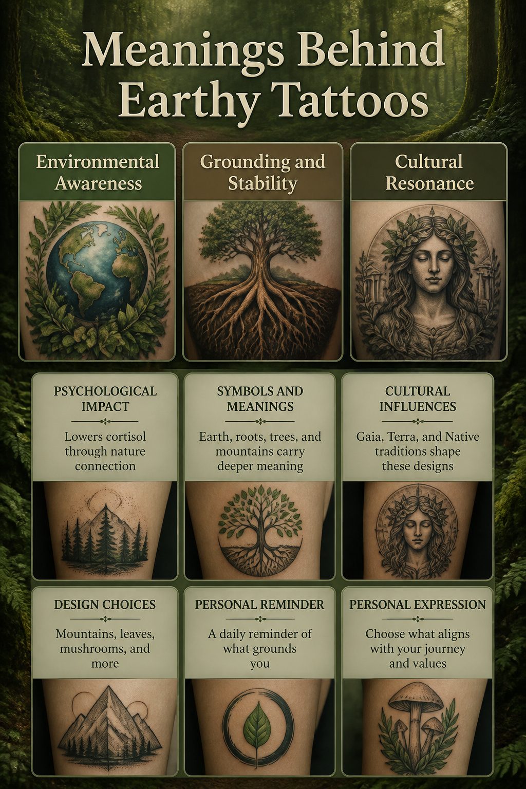 An informative graphic about the meanings of earthy tattoos.