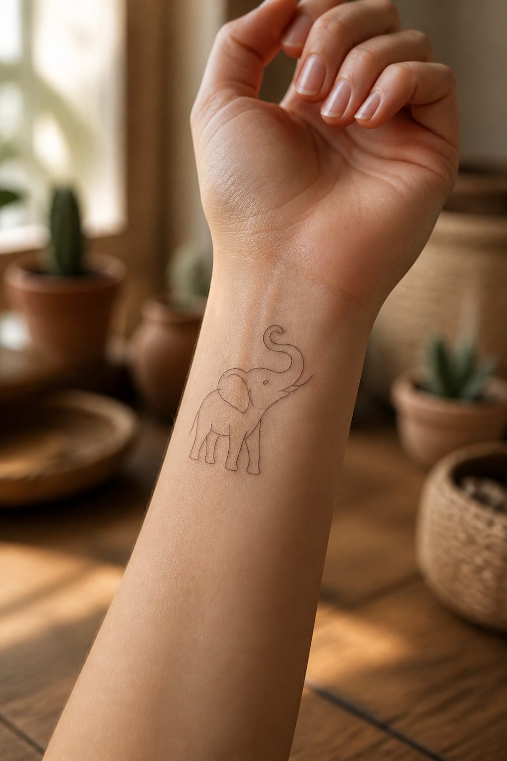 A minimalistic elephant tattoo formed by a continuous line.