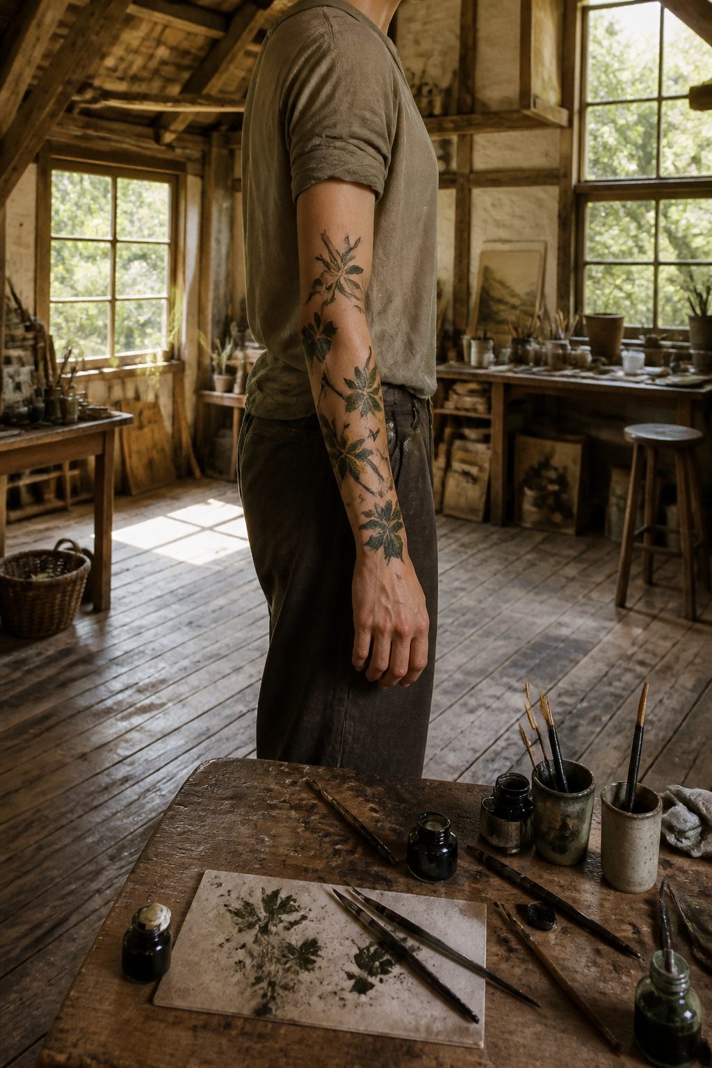 A vine tattoo wrapping around an arm with distinct leaves.