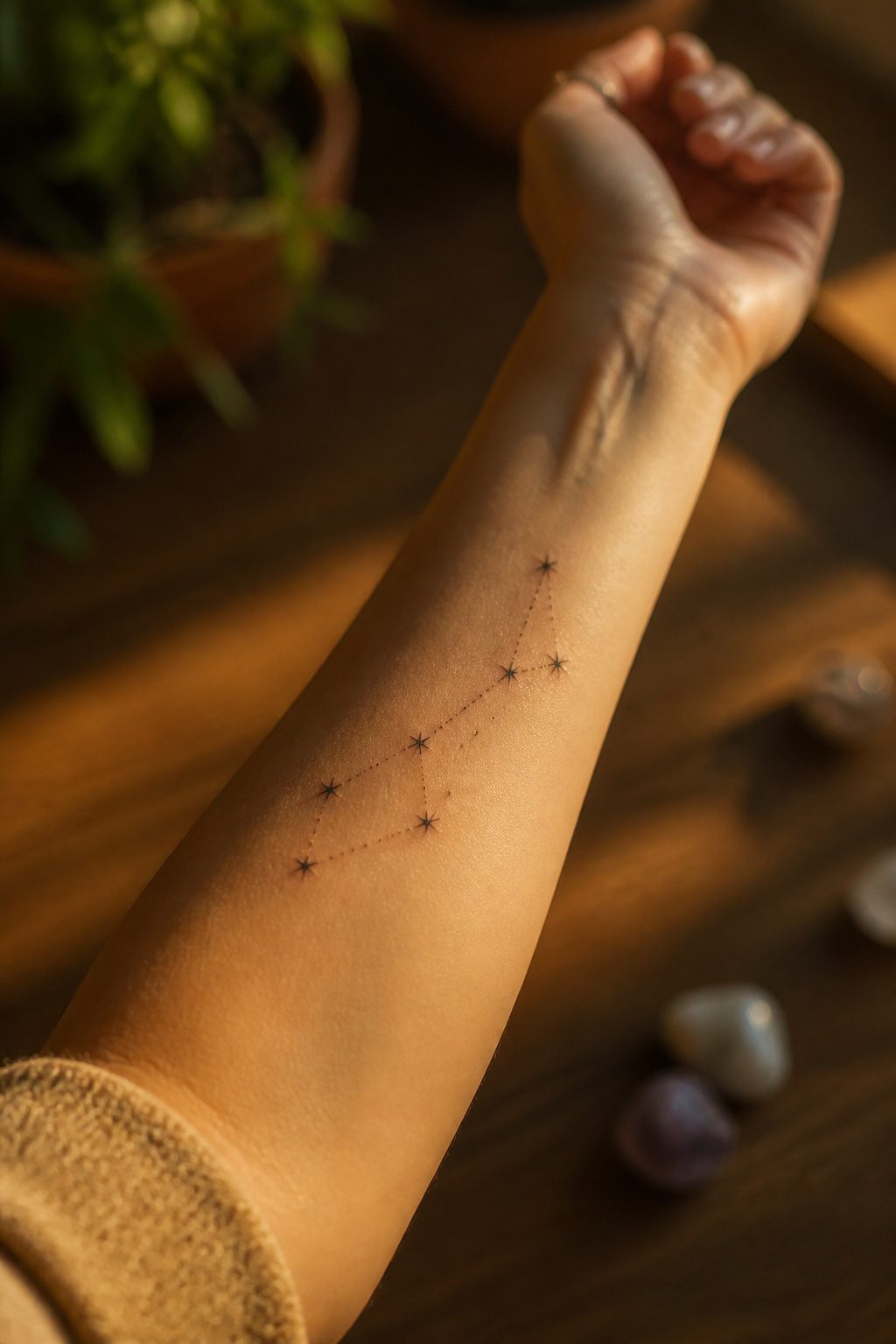 A tattoo of zodiac constellations connected by thin lines in a night sky.