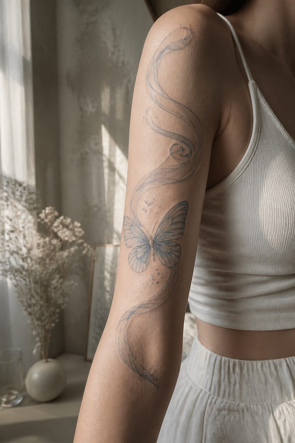 Ethereal Tattoo Ideas: Designs Drawn from Myth and Sky 1 Butterfly tattoo with flowing silk ribbons under moonlight.