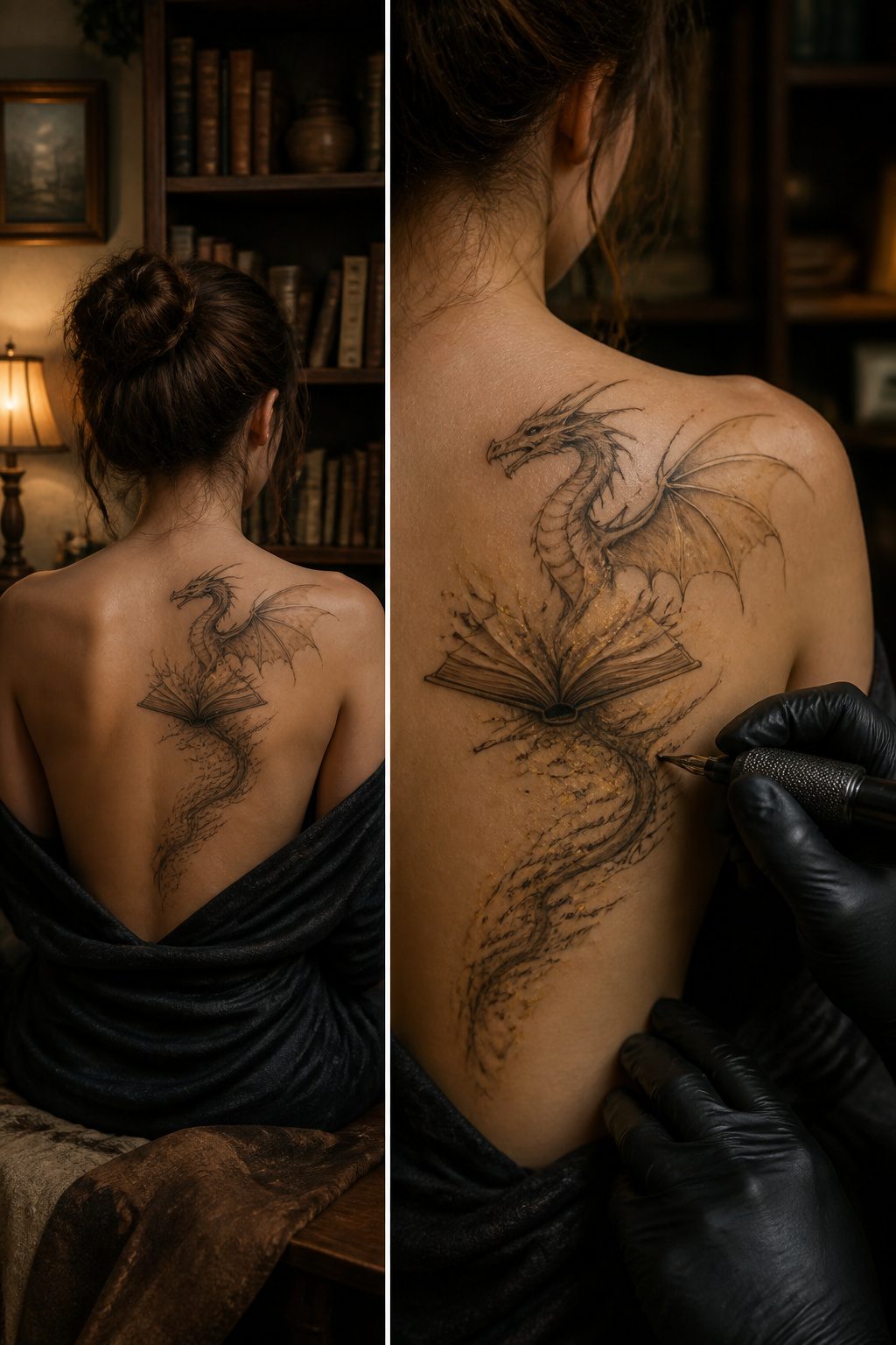 Ethereal Tattoo Ideas: Designs Drawn from Myth and Sky 6 Dragon tattoo climbing out of an open book.