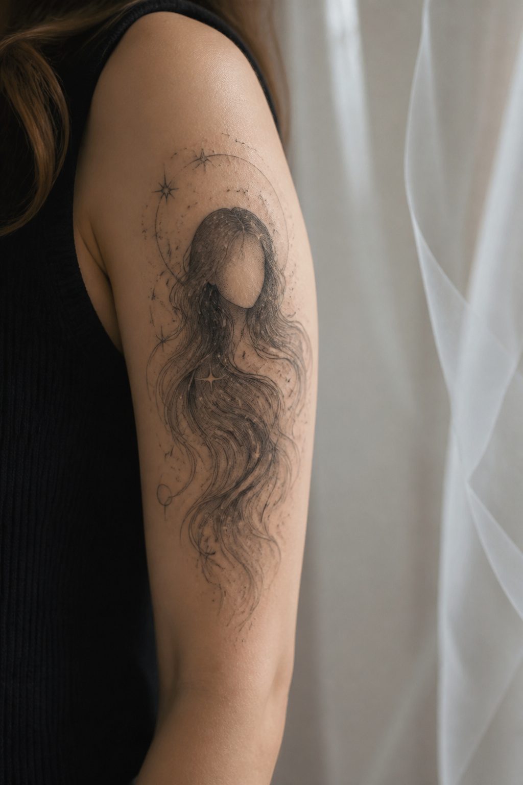 Ethereal Tattoo Ideas: Designs Drawn from Myth and Sky 8 Faceless woman tattoo featuring long hair and stars.