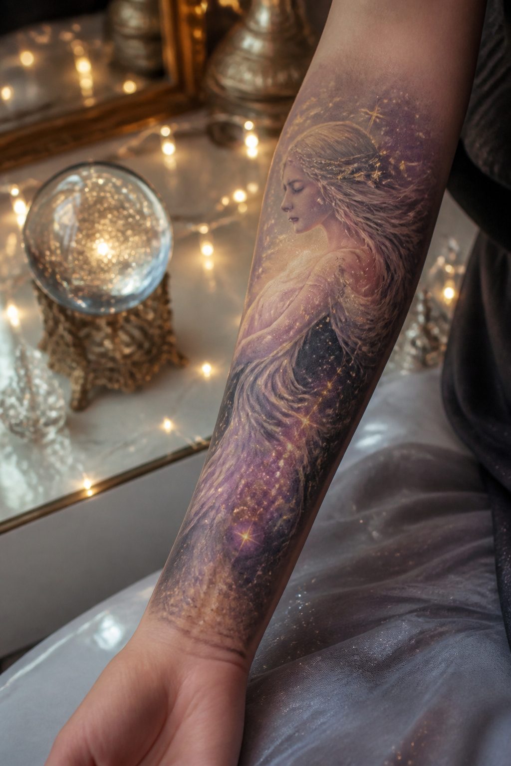 Ethereal Tattoo Ideas: Designs Drawn from Myth and Sky 5 Goddess tattoo with hair blending into a starry background.