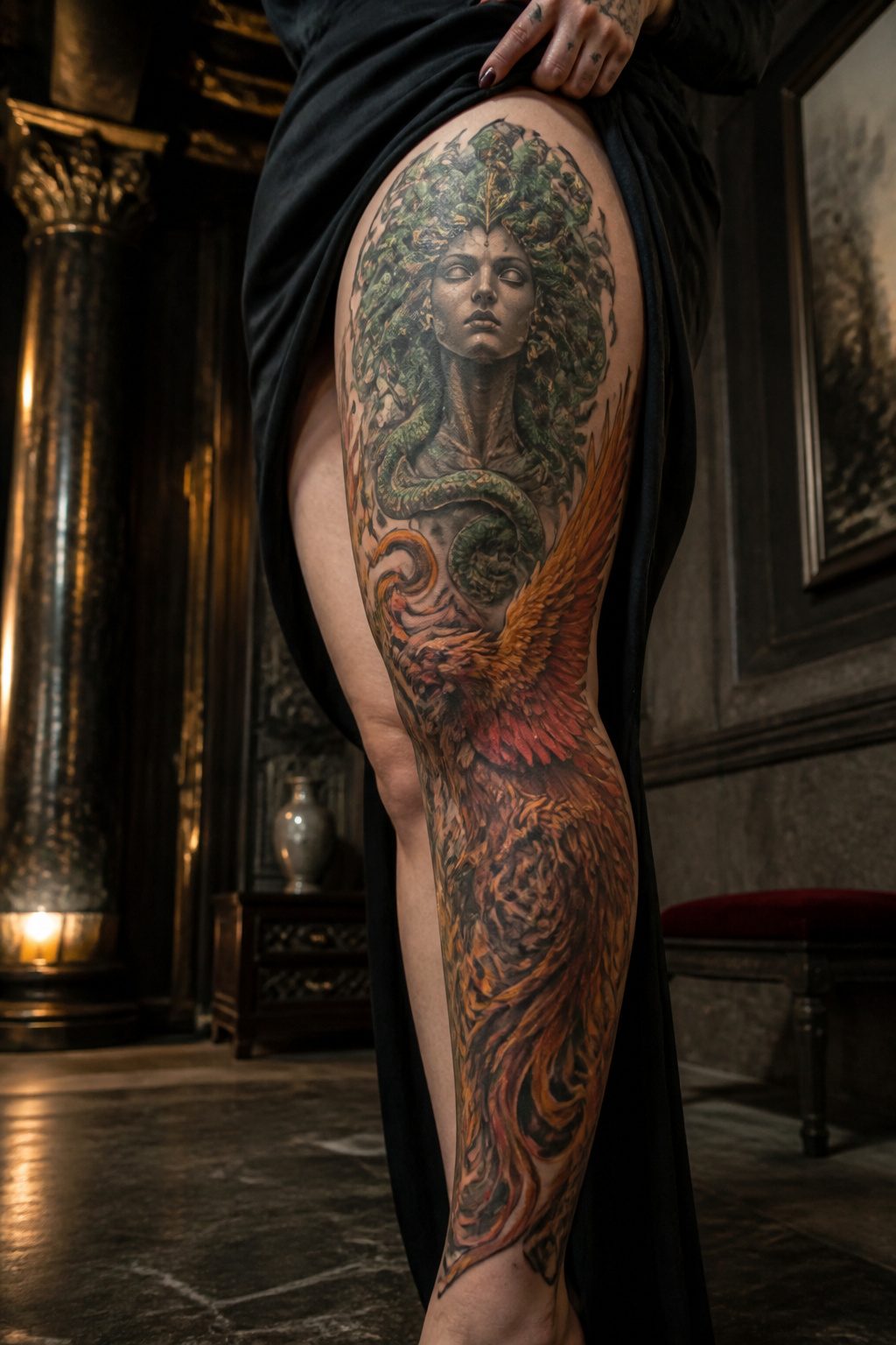 Ethereal Tattoo Ideas: Designs Drawn from Myth and Sky 3 Medusa tattoo featuring serpents and phoenix wings.