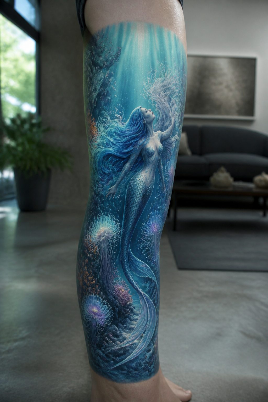 Ethereal Tattoo Ideas: Designs Drawn from Myth and Sky 2 Mermaid tattoo with flowing hair and coral details.