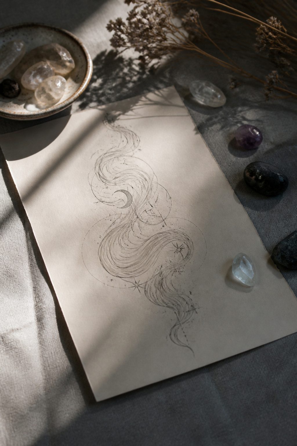 Ethereal Tattoo Ideas: Designs Drawn from Myth and Sky 7 Woman tattoo with flowing hair and starry details.