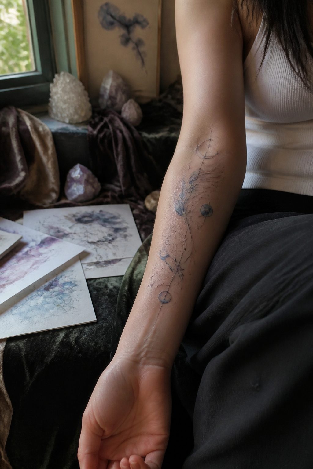 Ethereal Tattoo Ideas: Designs Drawn from Myth and Sky 10 Ethereal tattoo with soft lines and muted textures.