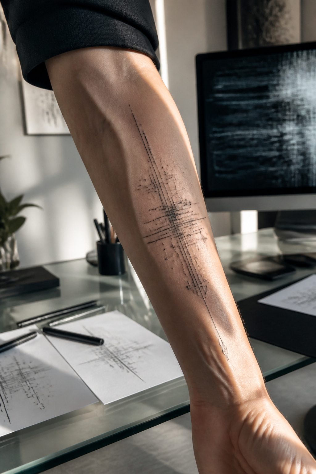 An abstract fine line tattoo with glitch-like patterns and sigil shapes.