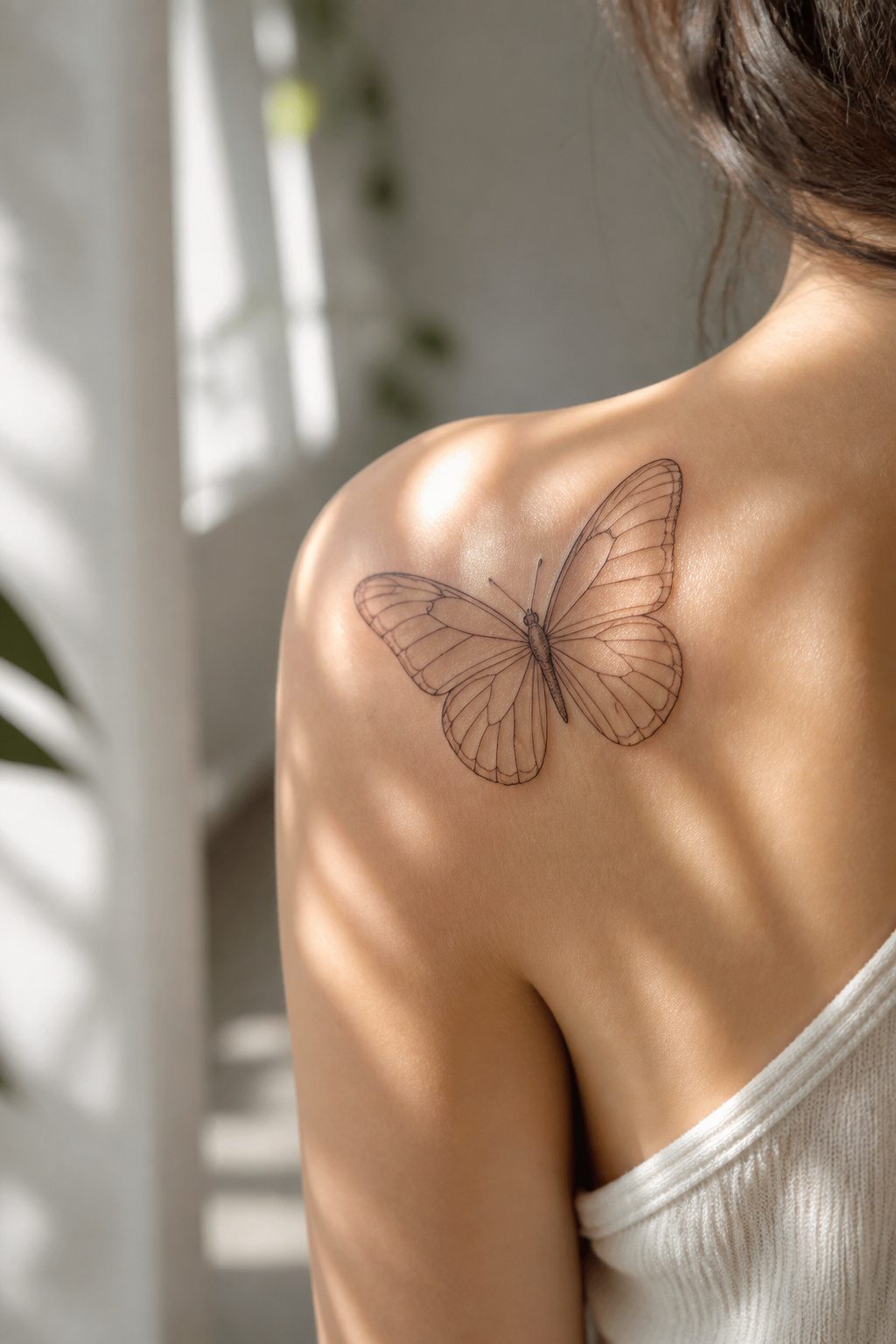 A tattoo of a butterfly with delicate lines representing its wings.