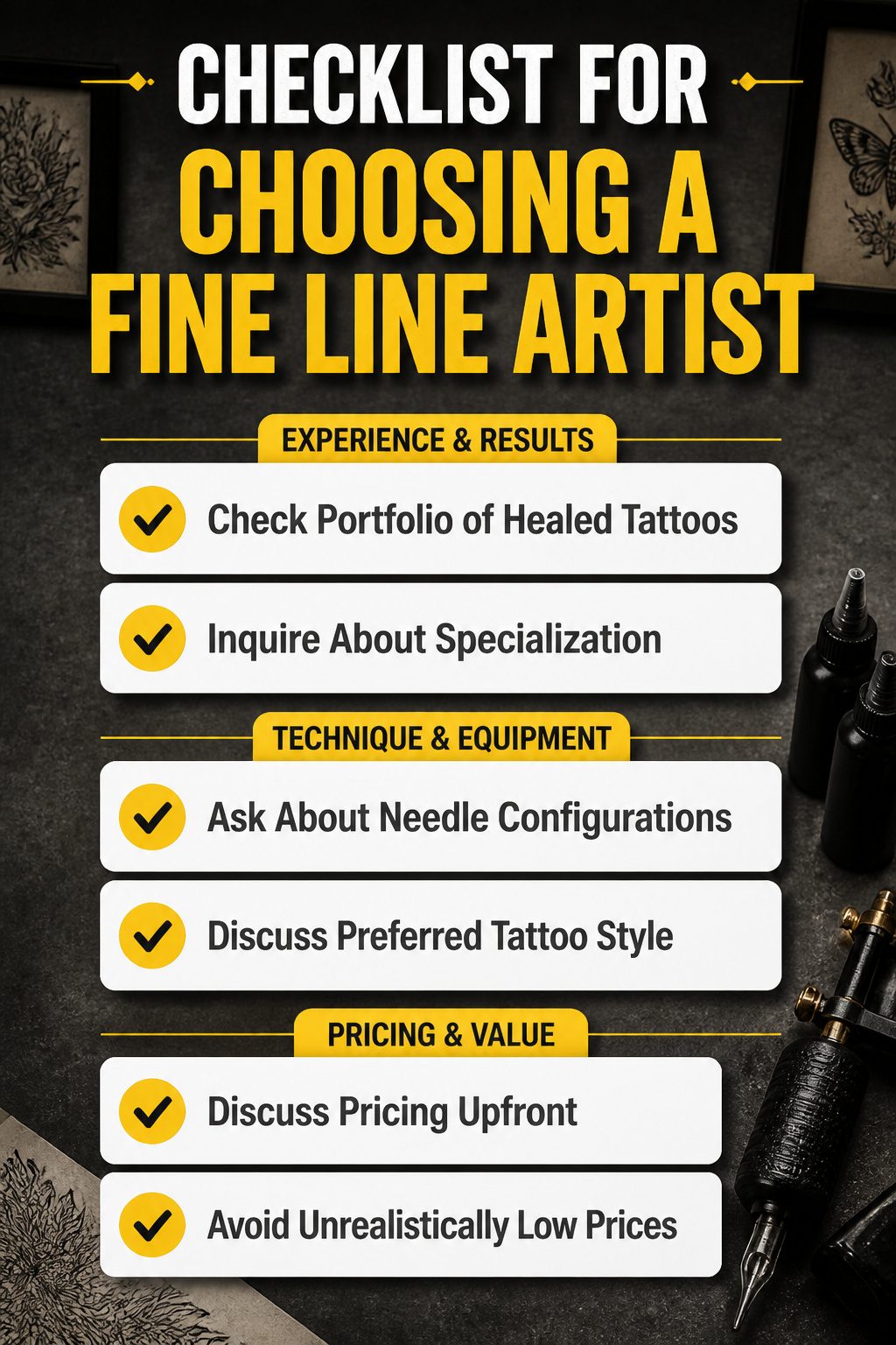 A visual checklist for selecting a fine line tattoo artist.
