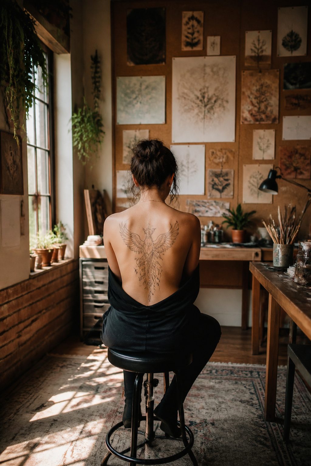 A delicate phoenix tattoo rendered in fine line style on skin.