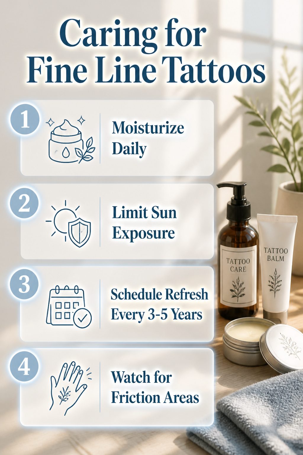 Guidelines for aftercare of fine line tattoos presented visually.