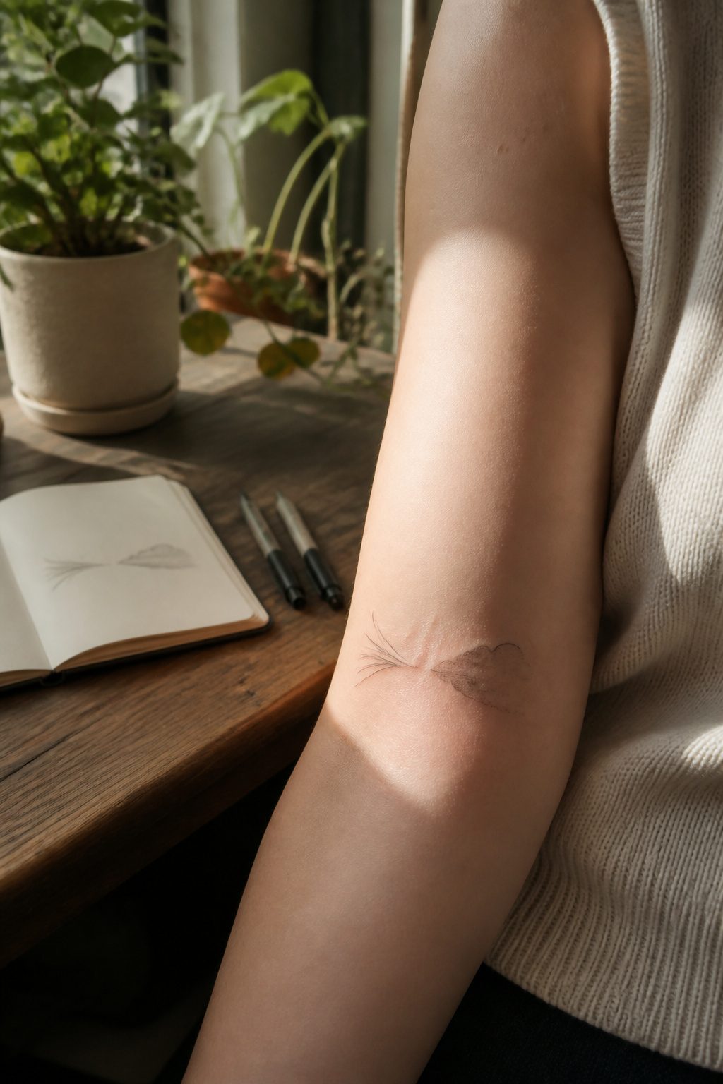 A fine line tattoo featuring a pet's whisker and cloud on pale skin.