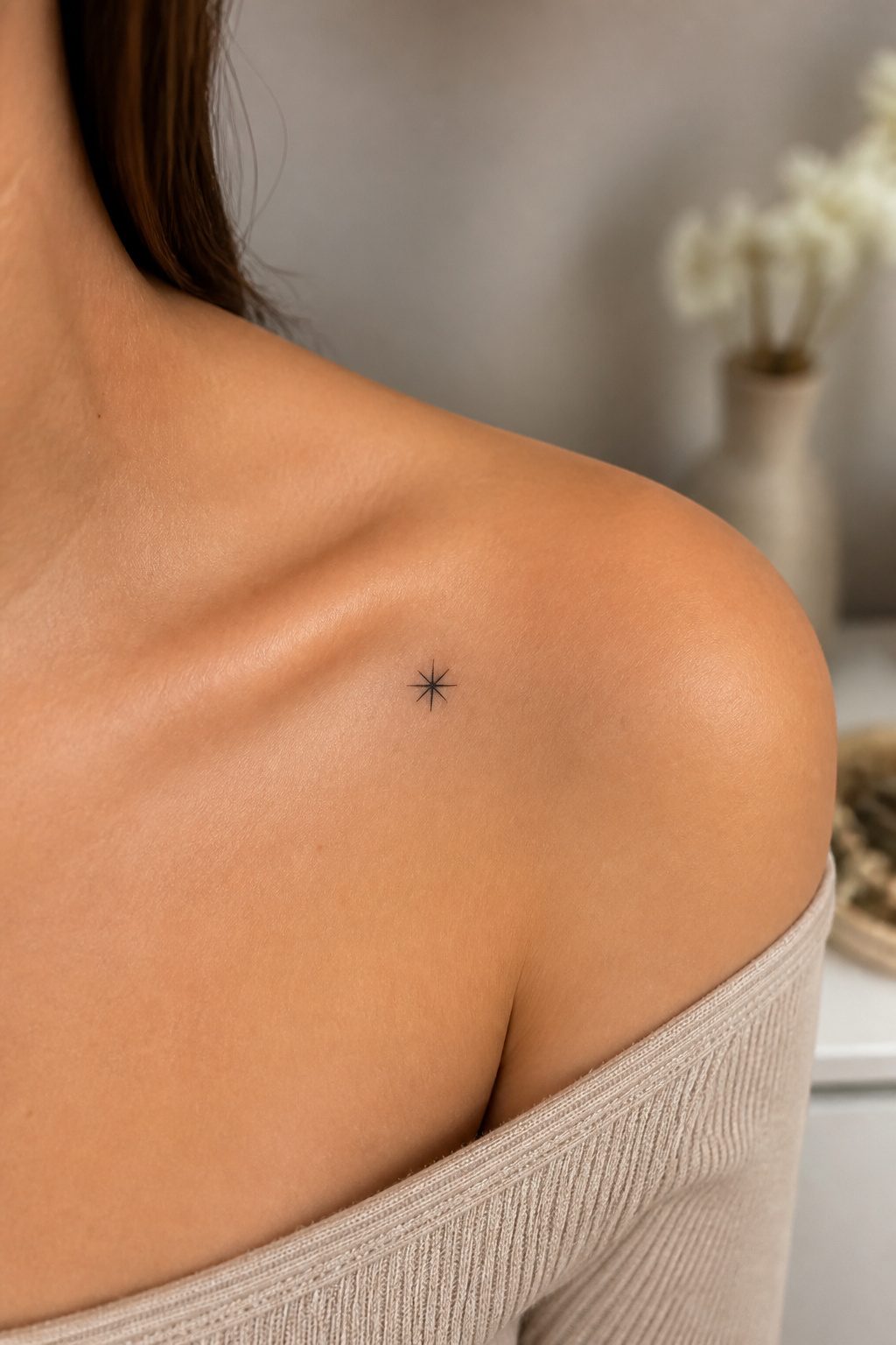 Small fine line tattoos of a star and a heart on a person's skin.