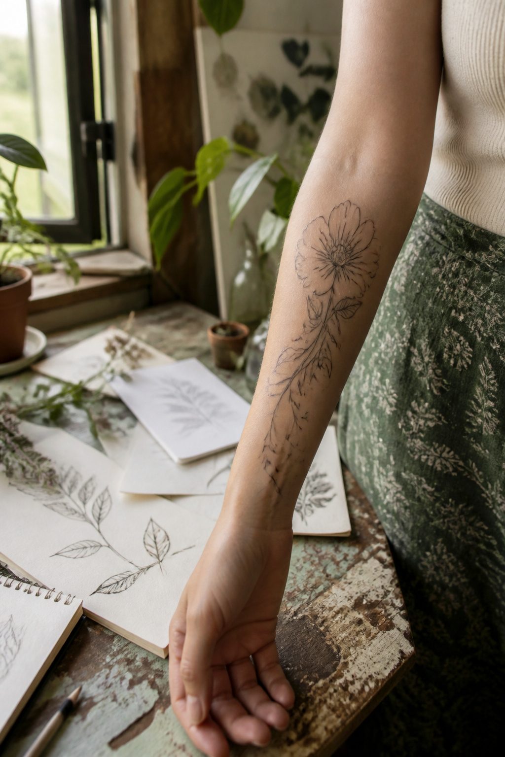 A tattoo of a flower with intricate vines on a model's forearm.