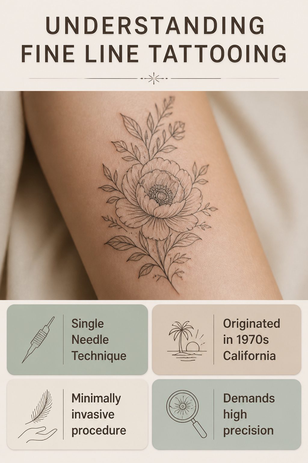 Text and graphics illustrating the concept of fine line tattooing.