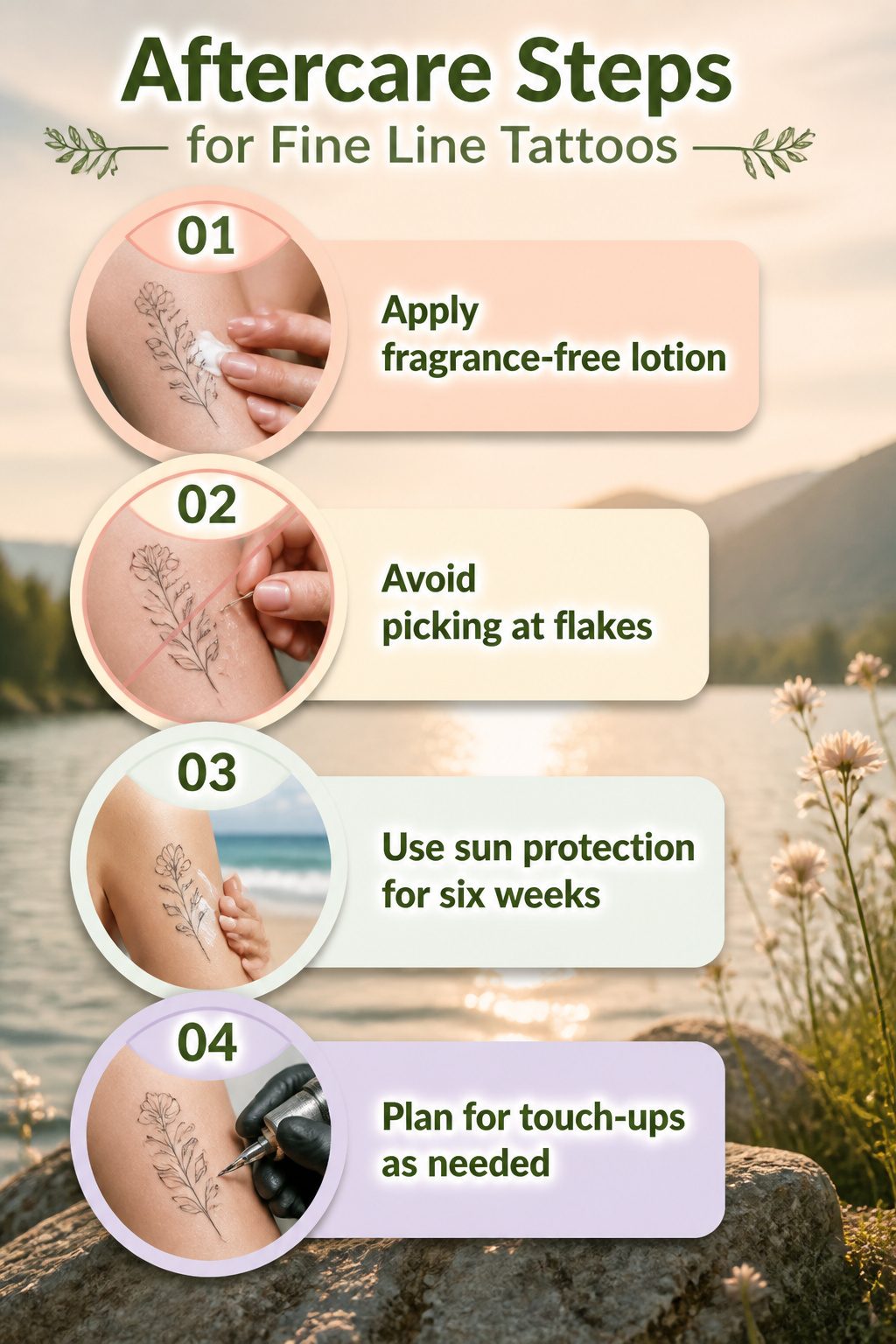 Fine Line Tattoos for Women: 8 Ideas for Minimal, Lasting Ink 11 Information image outlining aftercare steps for fine line tattoos.
