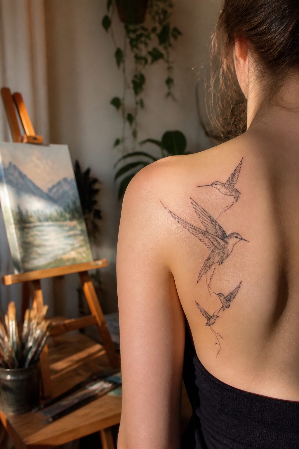 Fine Line Tattoos for Women: 8 Ideas for Minimal, Lasting Ink 4 Fine line bird tattoos depicting a swallow and hummingbird on a shoulder.