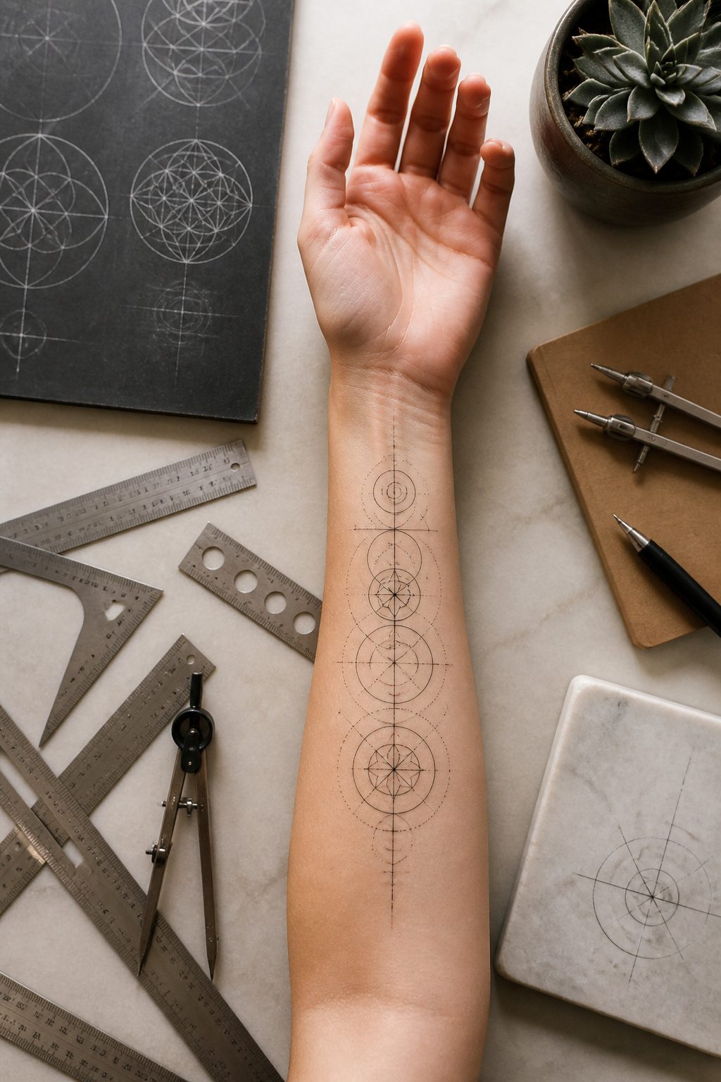 Fine Line Tattoos for Women: 8 Ideas for Minimal, Lasting Ink 6 Fine line geometric patterns including circles and grids on an inner forearm.