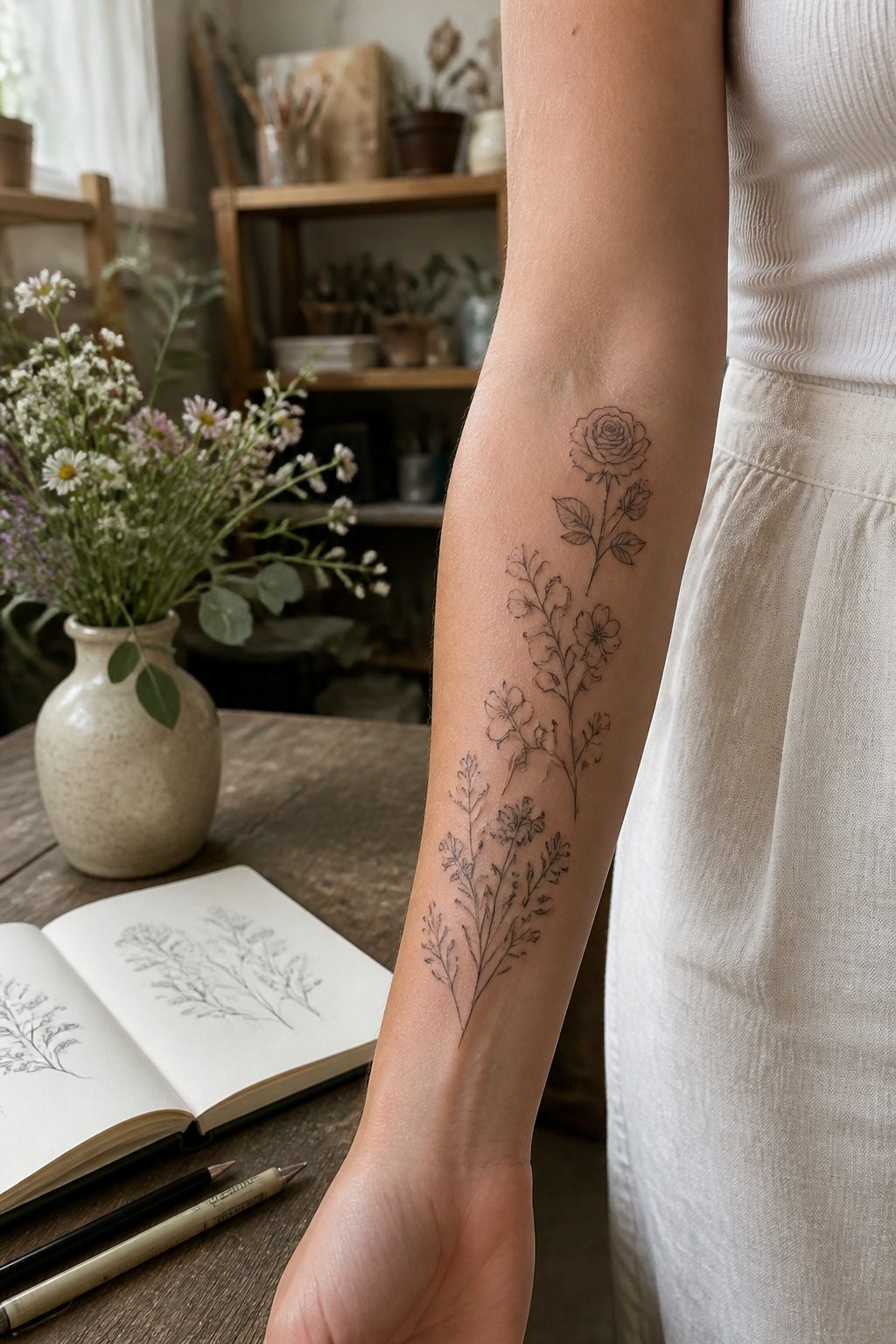 Fine Line Tattoos for Women: 8 Ideas for Minimal, Lasting Ink 1 Fine line tattoos of roses, cherry blossoms, and wildflowers on a forearm.